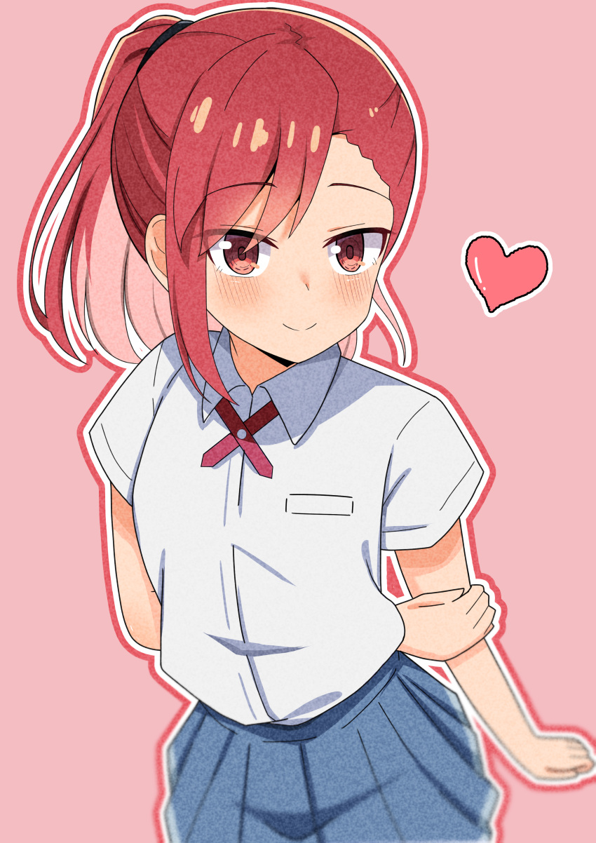 1girl, absurdres, arm_behind_back, blue_skirt, commentary_request, heart, high_ponytail, highres