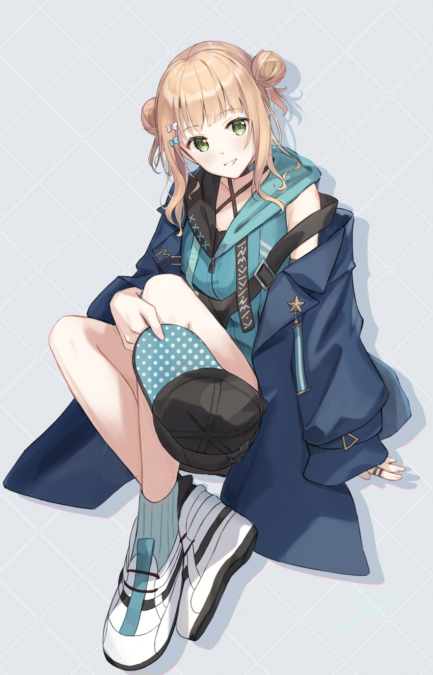 1girl, absurdres, aqua_jacket, arm_support, arm_warmers, baseball_cap, black_arm_warmers, black_socks