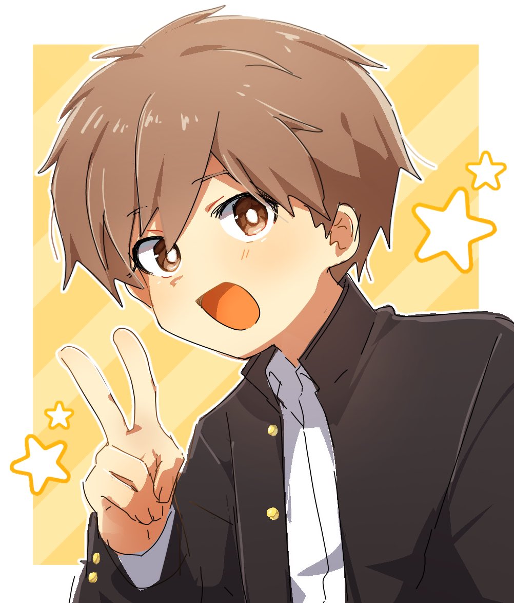 1boy, border, brown_eyes, brown_hair, buttons, collared_shirt, commentary_request, gakuran