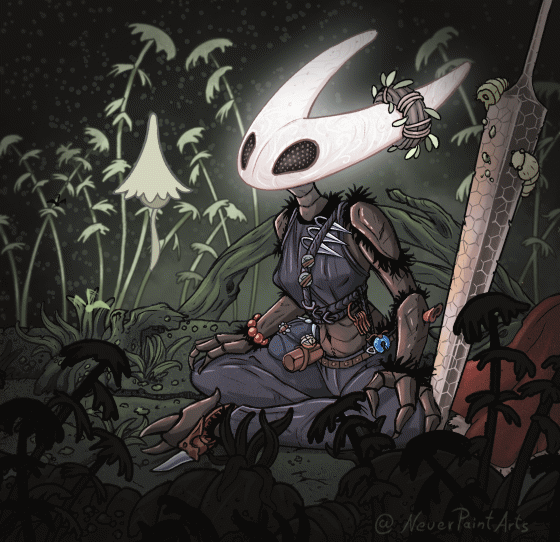 1girl, alternate_costume, animated, animated_gif, arthropod_girl, arthropod_limbs, bug, commentary, compound_eyes, dark_skin, english_commentary, flying, hollow_knight, hollow_knight:_silksong, horned_mask, hornet_(hollow_knight), key, looping_animation, mask, mothleaf_lagnia_(hollow_knight), muckmaggot_(hollow_knight), needle_(hollow_knight), neverpaint, outdoors, plant, planted, rosary, sitting, tool_(hollow_knight), white_mask