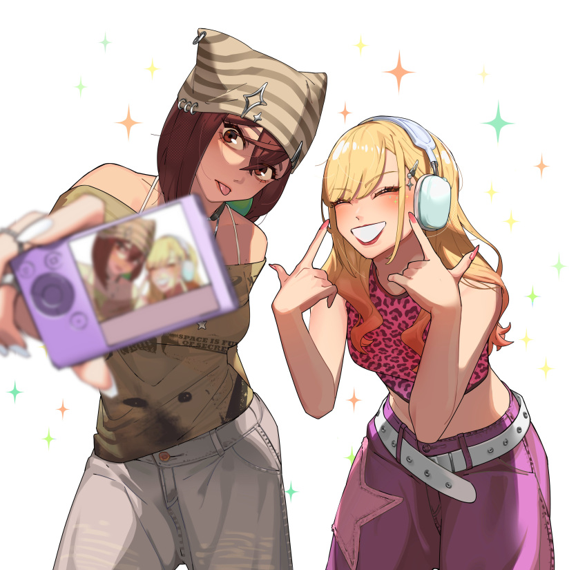 2girls, absurdres, animal_print, ayase_momo, baggy_pants, bare_shoulders, belt, blonde_hair