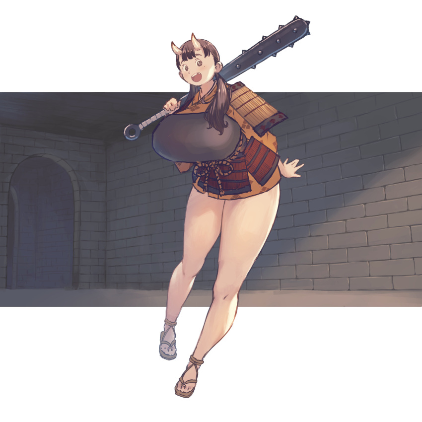 1girl, :d, absurdres, armor, breastplate, breasts, brown_hair, chagallkun