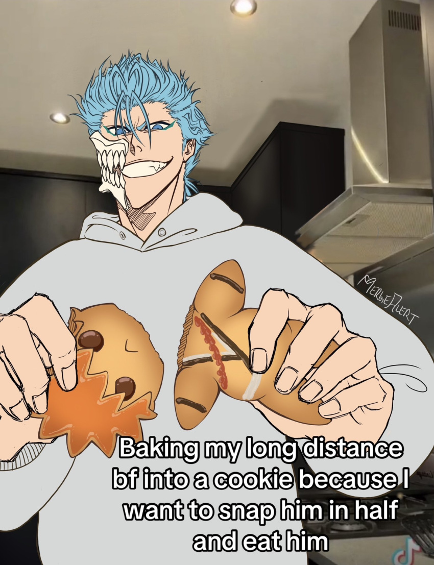 2boys, artist_name, baking_my_long_distance_bf_into_a_cookie_because_i_miss_him_(meme), bleach, blue_eyes, blue_hair, character-themed_food, character_cookie