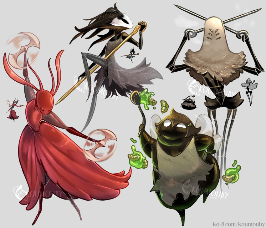 2girls, 2others, apron, arthropod_girl, closed_eyes, commentary, disgraced_chef_lugoli_(hollow_knight), dress