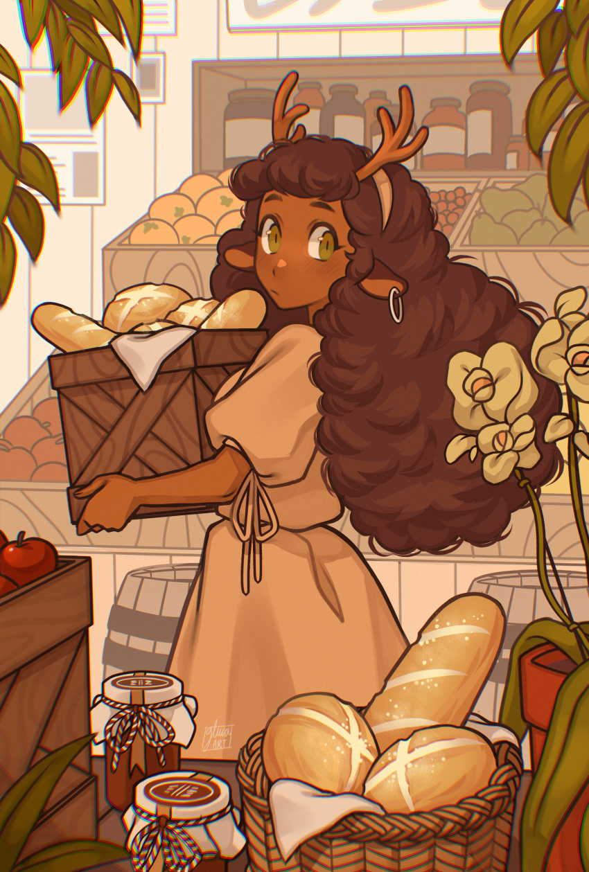 1girl, :/, absurdres, animal_ear_piercing, antlers, baguette, box, bread