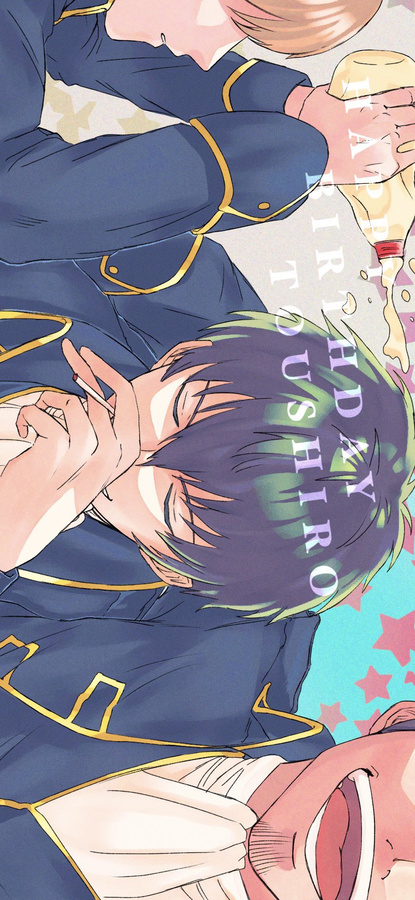 3boys, a_maru_8911, ascot, black_hair, brown_hair, character_name, cigarette, closed_eyes