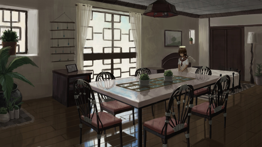 1girl, absurdres, an_yb, angel, angel_wings, bed, brown_eyes, brown_hair