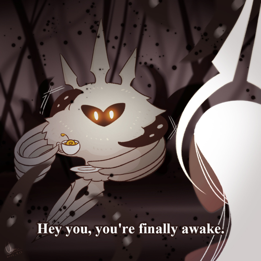 2girls, arthropod_girl, bug, clovergrasswang, commentary, cup, english_commentary, english_text