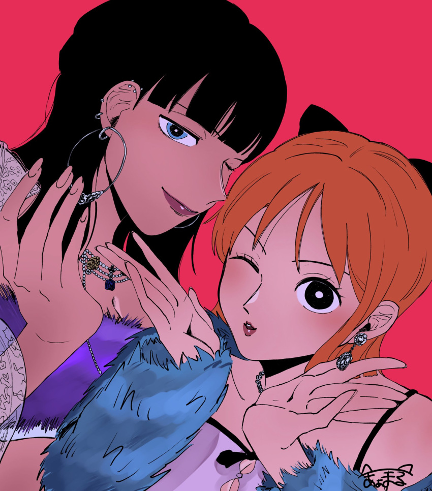 2girls, a_maru_8911, black_hair, blunt_bangs, commentary_request, dutch_angle, earrings, eyelashes