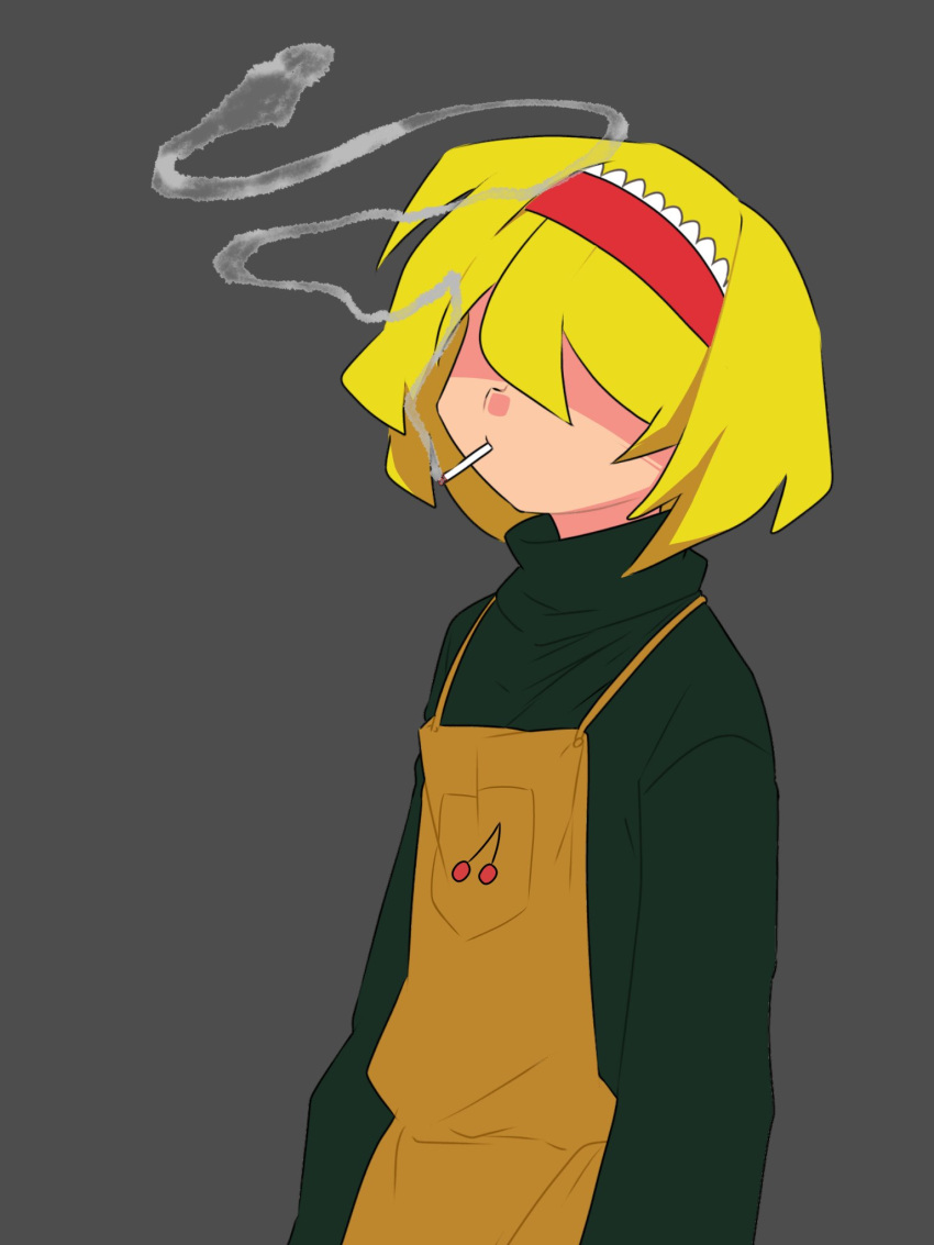 1girl, 231372950977, alice_margatroid, apron, blonde_hair, brown_apron, cigarette, closed_mouth