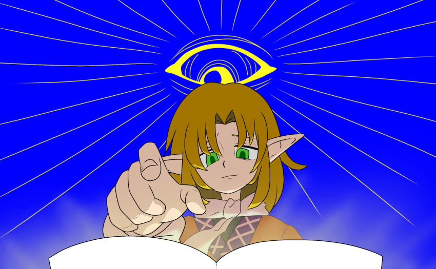 1girl, 231372950977, blonde_hair, blue_background, book, brown_shirt, closed_mouth, commentary_request