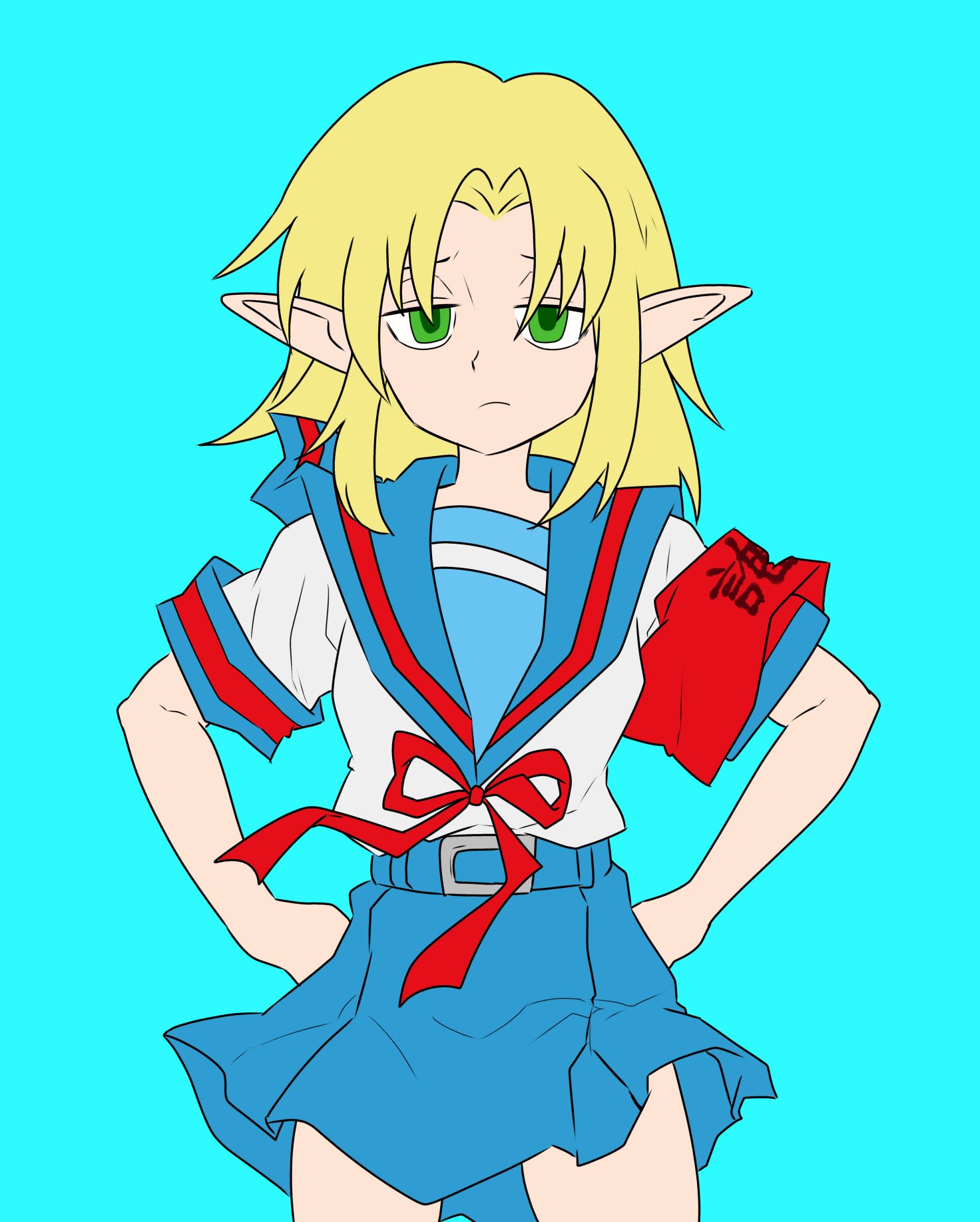 1girl, 231372950977, armband, blonde_hair, blue_background, blue_sailor_collar, blue_skirt, closed_mouth