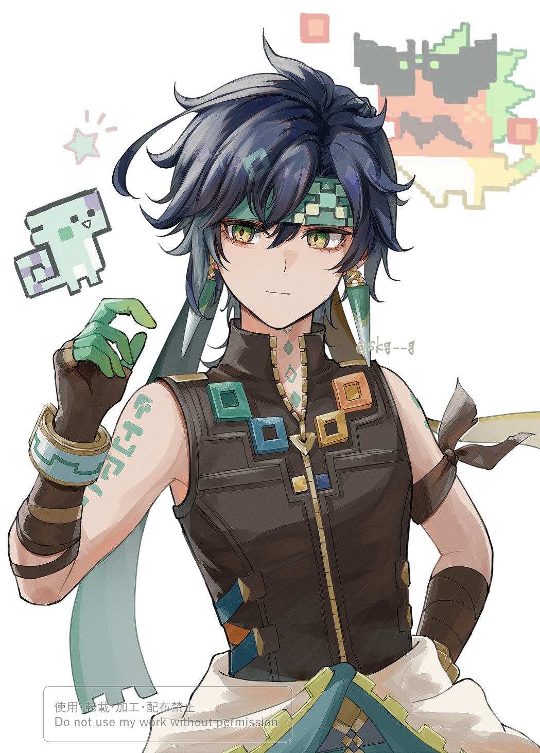 1boy, ajaw_(genshin_impact), arm_tattoo, black_gloves, black_hair, earrings, eyelashes, genshin_impact, gloves, green_headband, headband, highres, jewelry, kinich_(genshin_impact), male_focus, shirt, skg_g, sleeveless, sleeveless_shirt, tattoo, white_background