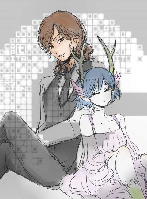 bad_id, bare_shoulders, beard, blue_hair, bob_cut, brown_eyes, brown_hair, c_(control)