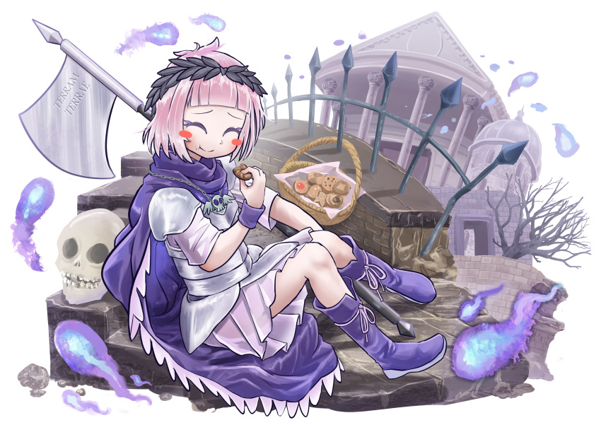 1girl, absurdres, armor, axe, bare_tree, basket, blunt_bangs, bob_cut
