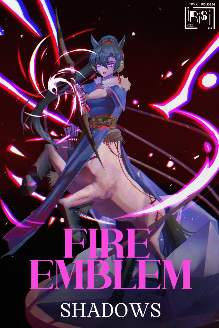 1girl, absurdres, aiming, aiming_at_viewer, animal_ears, artist_logo, aura, blue_dress, bow_(weapon), breasts, centaur, colored_skin, commentary, copyright_name, dark_aura, dark_persona, dress, ear_covers, fingerless_gloves, fire_emblem, fire_emblem:_the_blazing_blade, fire_emblem_heroes, fire_emblem_shadows, full_body, fur-trimmed_dress, fur_trim, gloves, green_hair, grey_skin, hair_between_eyes, hairband, high_ponytail, highres, holding, holding_bow_(weapon), holding_weapon, horse_ears, horse_tail, irisli0224, logo, long_hair, lyn_(fire_emblem), lyn_(plains_wind)_(fire_emblem), medium_breasts, monster_girl, monsterification, multiple_legs, open_mouth, ponytail, quiver, rearing, red_hairband, short_sleeves, sidelocks, solo, standing, tail, tassel, taur, twitter_username, very_long_hair, violet_eyes, weapon