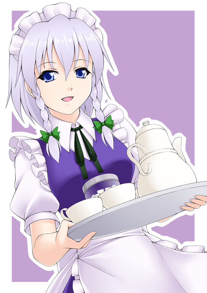 blue_dress, blue_eyes, bow, braid, carrying, cup, dress, genjuu_rou