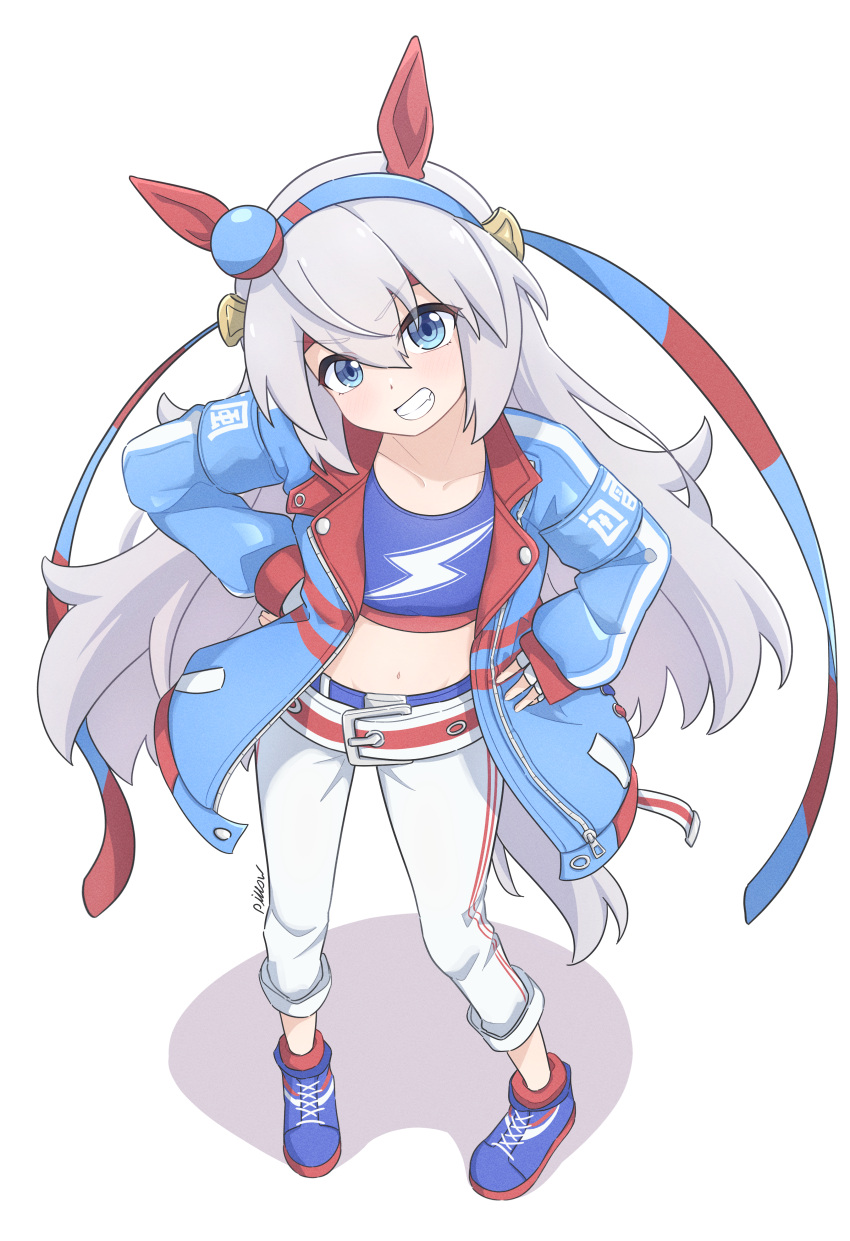 1girl, absurdres, animal_ears, belt, blue_eyes, blue_hairband, blue_jacket, blue_sports_bra