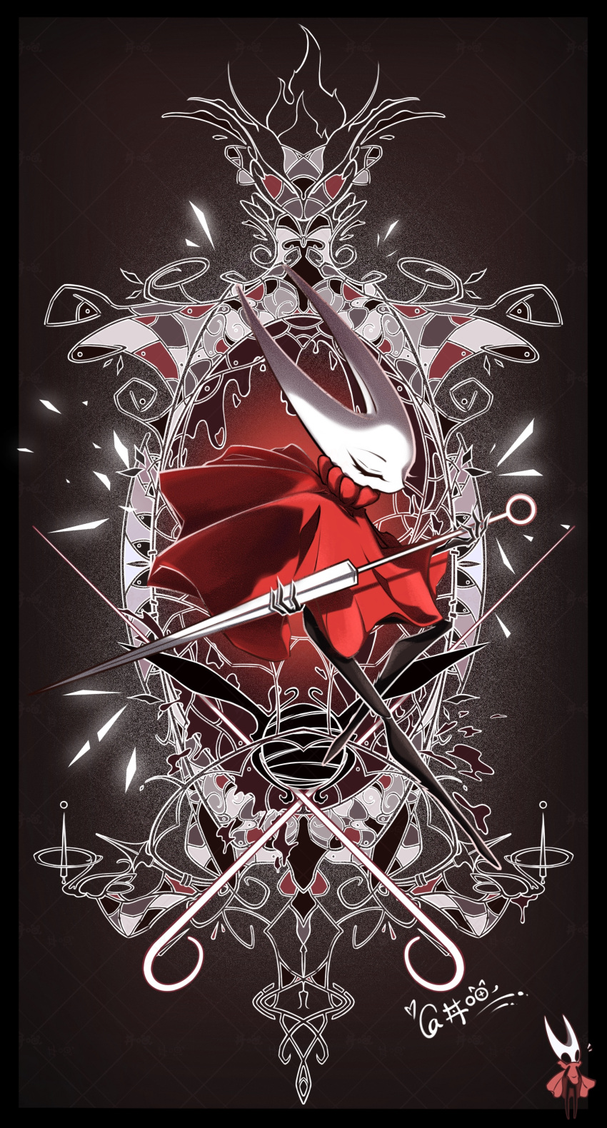 1girl, absurdres, arthropod_girl, black_border, bocaijingmiao, border, brown_background, chinese_commentary, cloak, closed_eyes, commentary_request, fewer_digits, film_grain, highres, holding, holding_weapon, hollow_knight, horned_mask, hornet_(hollow_knight), mask, needle_(hollow_knight), no_mouth, pin_(hollow_knight), red_cloak, simple_background, solo, standing, standing_on_one_leg, triangle, u_u, weapon, white_mask