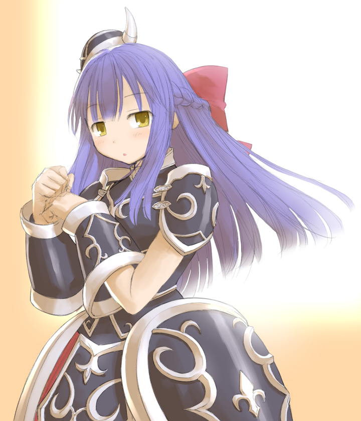1girl, arm_guards, armor, avenger_alma, bare_shoulders, black_armor, blue_hair, braid, emil_chronicle_online, hair_ribbon, helmet, hip_armor, kasuga_yukihito, long_hair, looking_at_viewer, red_ribbon, ribbon, solo, yellow_eyes