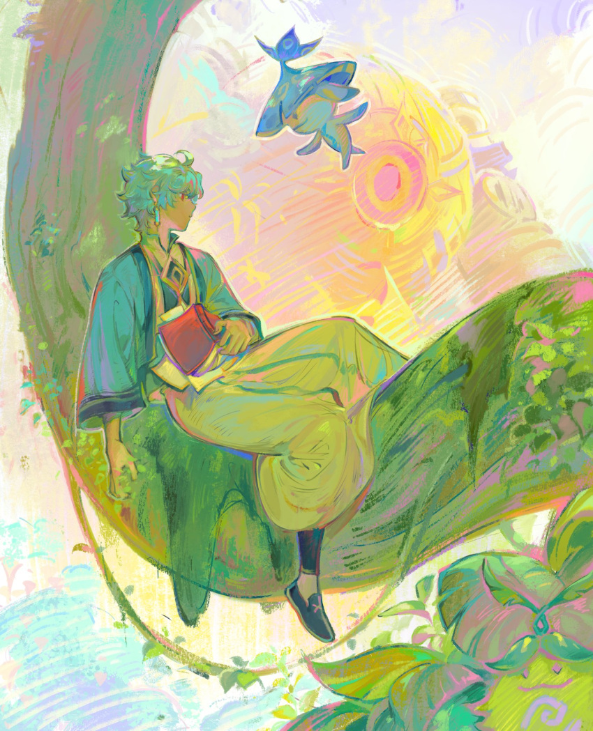 1boy, aged_down, ahoge, akademiya_uniform, aranara_(genshin_impact), black_shoes, blue_hair, book