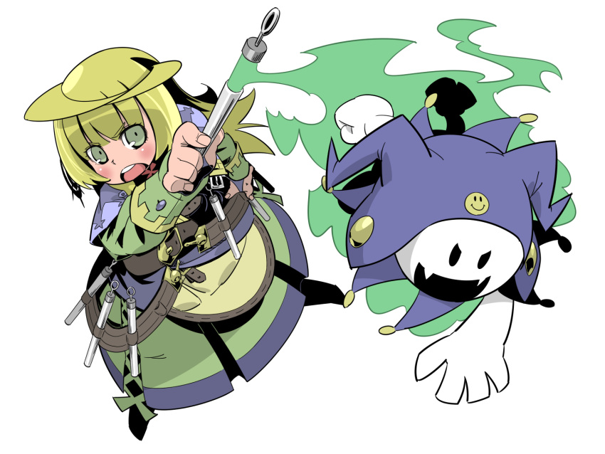 crossover, dress, green_eyes, highres, jack_frost, nemakichi, noora_brandor, noora_to_koku_no_koubou, noora_to_toki_no_koubou, shin_megami_tensei, vial