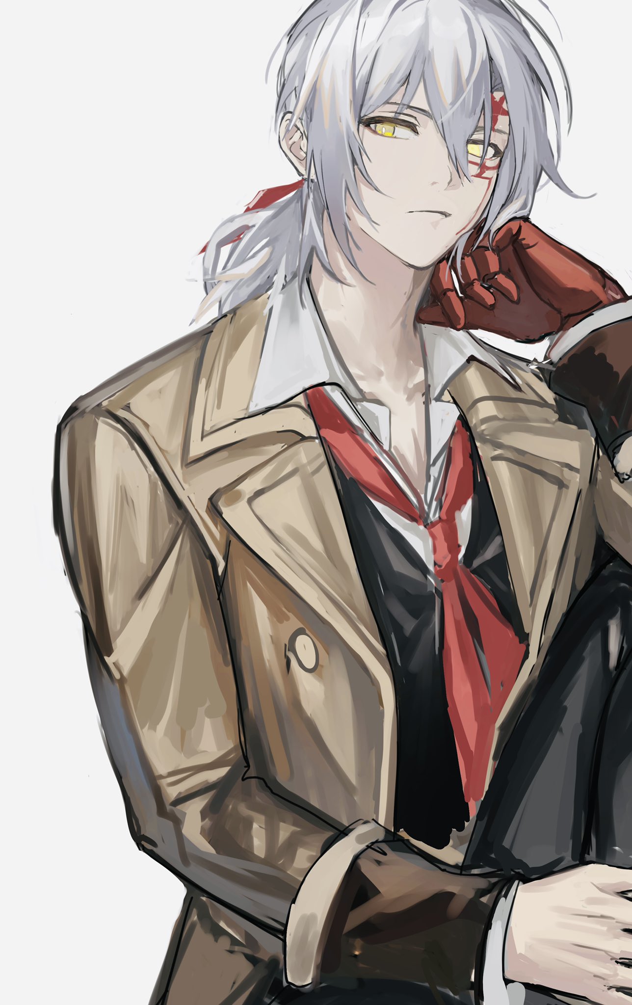 1boy, allen_walker, allen_walker_(nea_d_campbell), black_pants, black_vest, brown_coat, coat, collared_coat