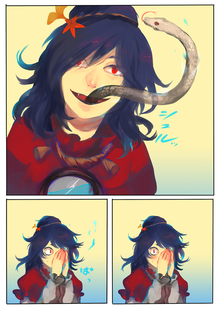 blue_hair, comic, forked_tongue, hachimillion, leaf, maple_leaf, red_eyes, slit_pupils