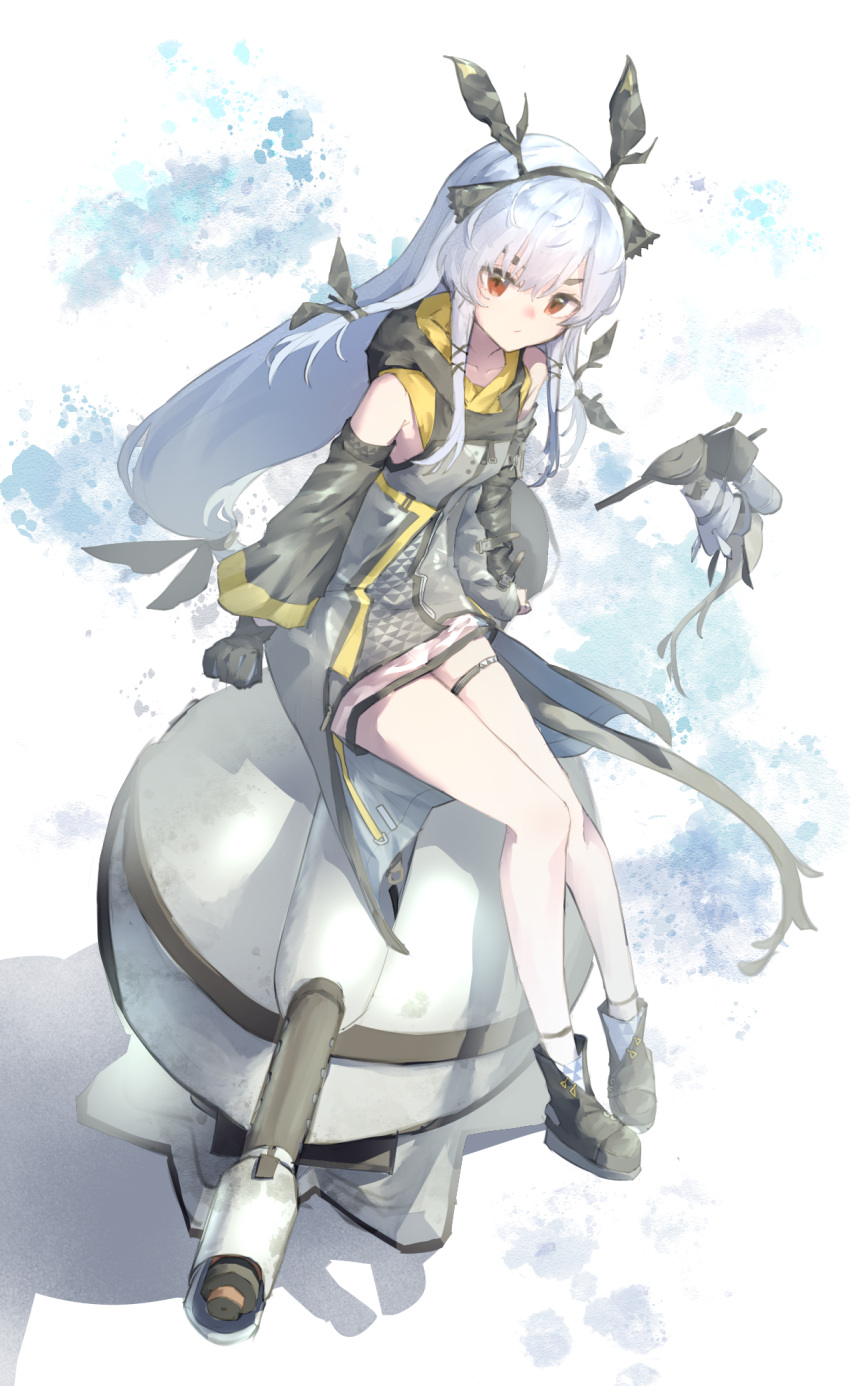 1girl, arknights, bare_shoulders, black_gloves, black_shoes, closed_mouth, commentary_request, detached_sleeves