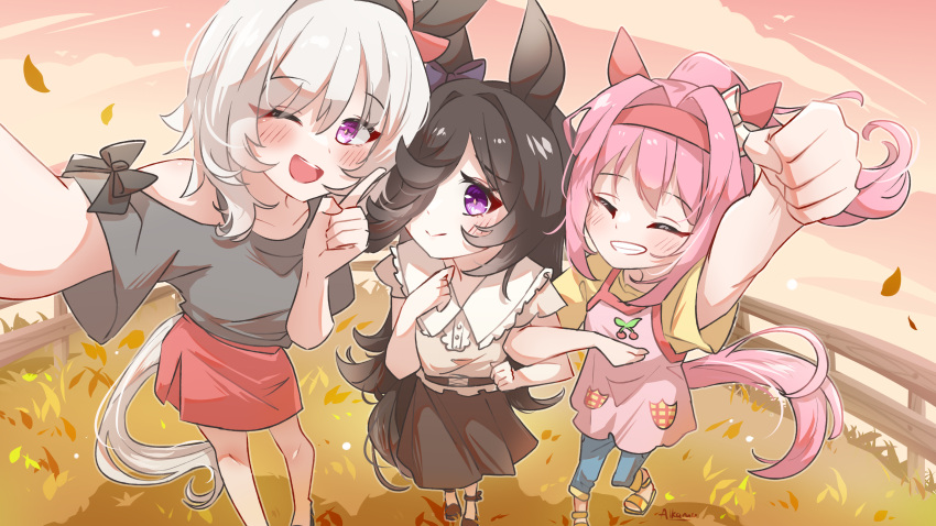 3girls, absurdres, alkaru, alternate_costume, animal_ears, apron, arm_up, black_hair