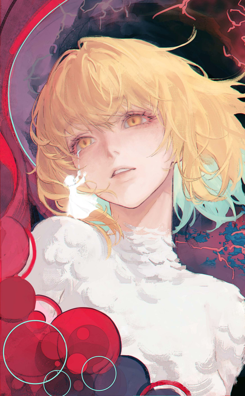 2girls, absurdres, blonde_hair, body_fur, colored_inner_hair, commentary_request, dungeon_meshi, falin_touden, falin_touden_(chimera), feathers, highres, meijiudexianyu_zoe, mini_person, mini_person_on_shoulder, minigirl, multicolored_hair, multiple_girls, parted_lips, short_hair, tears, upper_body, white_feathers, yellow_eyes