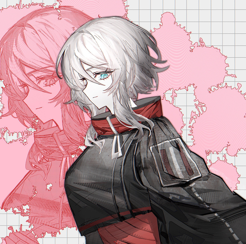 1girl, black_jacket, blue_eyes, bochishiraita, cropped_jacket, faust_(project_moon), from_side, grid_background