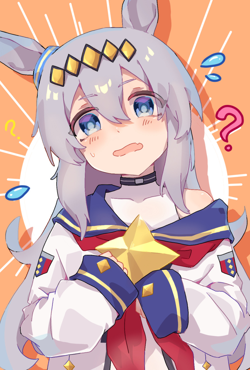 1girl, ?, animal_ears, black_choker, blue_eyes, blue_sailor_collar, blush, brooch