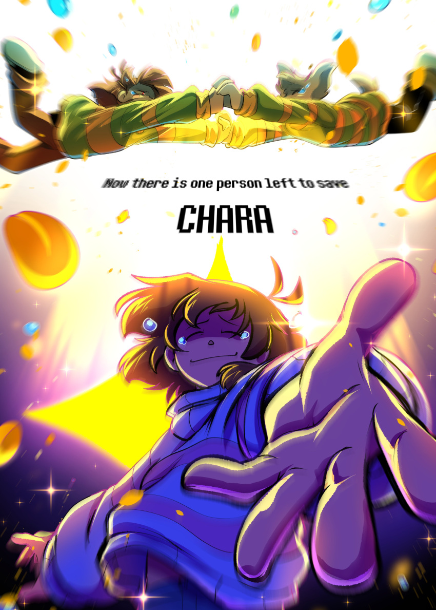 1boy, 2others, absurdres, animal_ears, artsyrean, asriel_dreemurr, brown_hair, brown_pants, chara_(undertale), character_name, crying, english_text, frisk_(undertale), goat_boy, goat_ears, highres, holding_hands, long_sleeves, looking_at_viewer, multiple_others, pants, reaching, reaching_towards_viewer, red_eyes, streaming_tears, striped_clothes, striped_sweater, sweater, tears, undertale, utdr_(toby_fox)