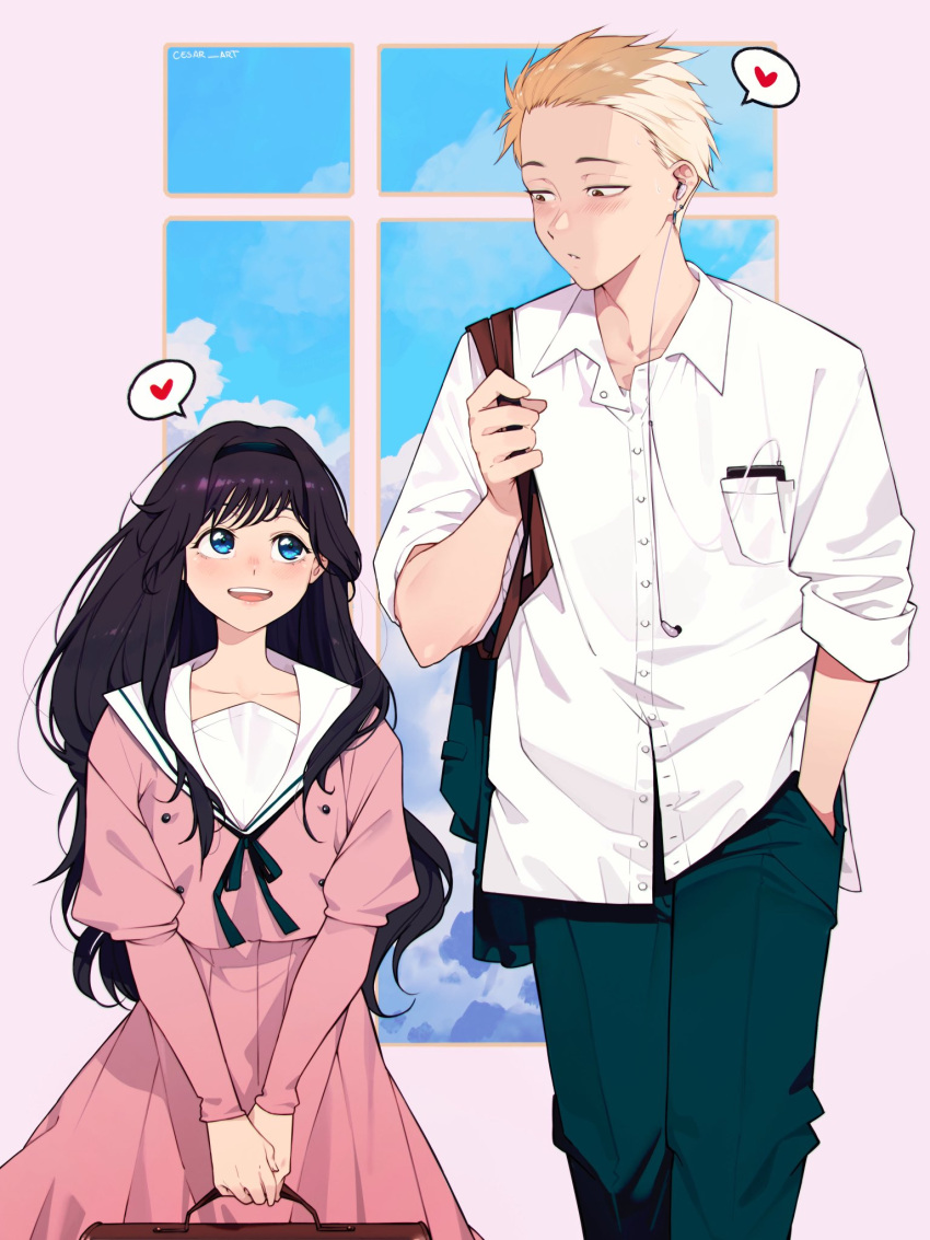 1boy, 1girl, artist_name, blue_eyes, blush, cesar_art456, collared_shirt, couple
