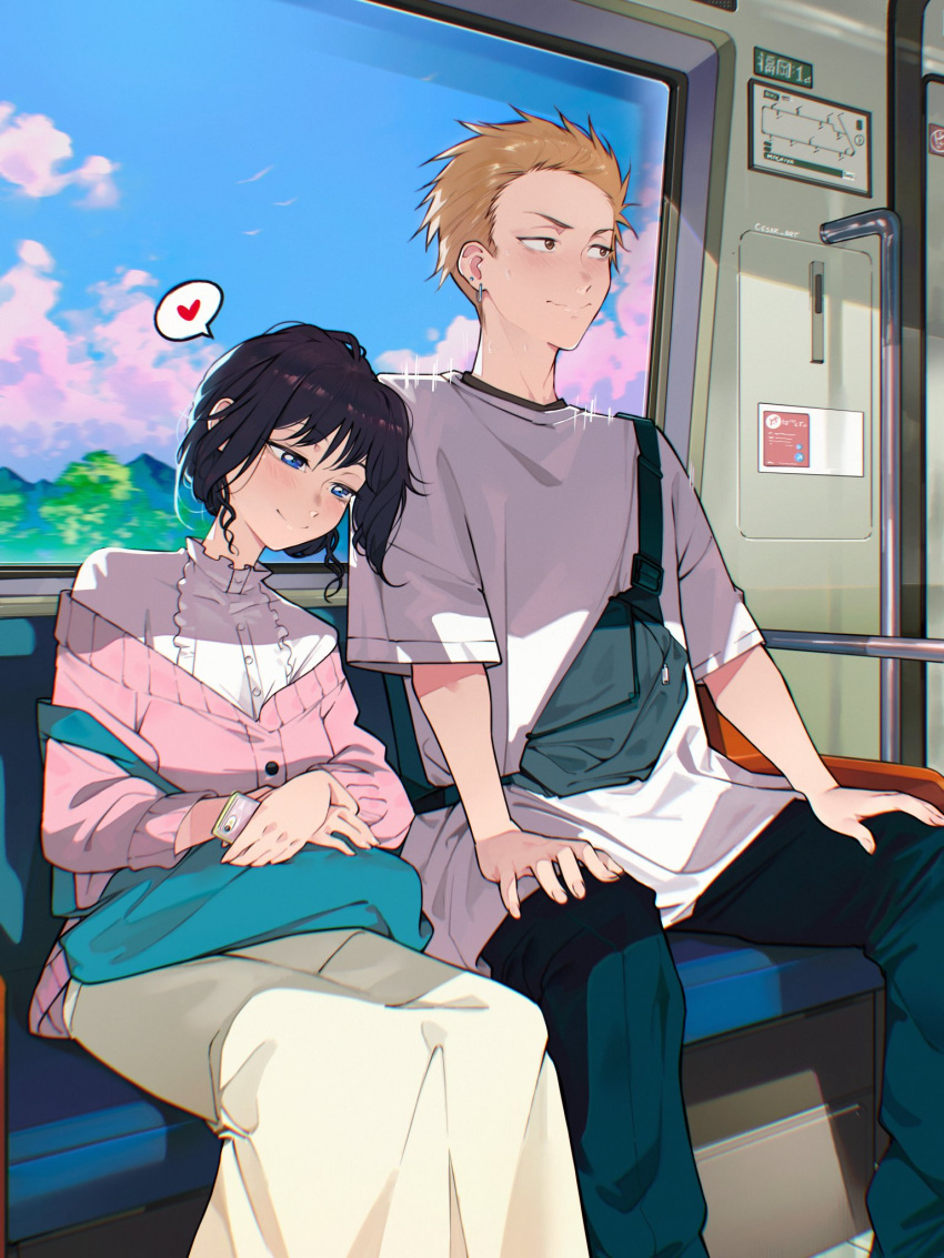 1boy, 1girl, black_hair, blonde_hair, cesar_art456, closed_mouth, couple, heart