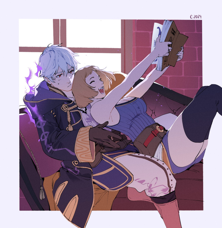 1boy, 1girl, aura, belt, belt_buckle, black_cloak, black_thighhighs, blush