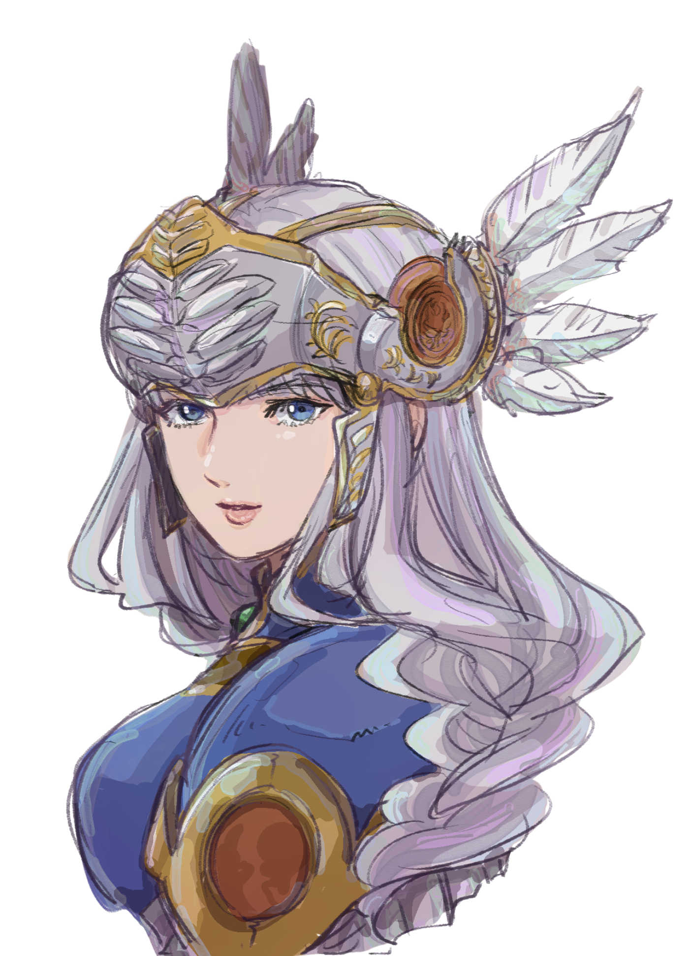 1girl, armor, blue_armor, blue_eyes, feathers, grey_hair, helmet, highres