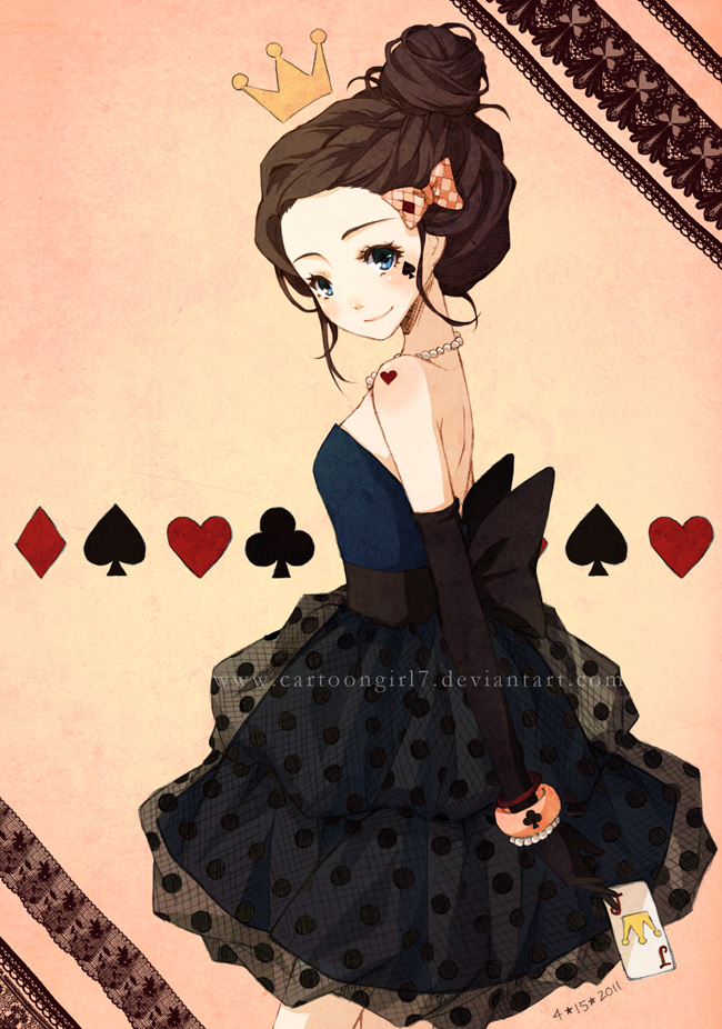 blue_eyes, bow, bracelet, brown_hair, card, clubs, copyright_request, crown