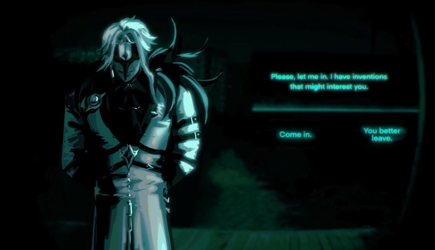 1boy, analog_horror, coat, covered_eyes, dark_background, dottore_(genshin_impact), feathered_cape, genshin_impact, horror_(theme), long_coat, mask, no_i'm_not_a_human, video_game, white_coat, white_hair