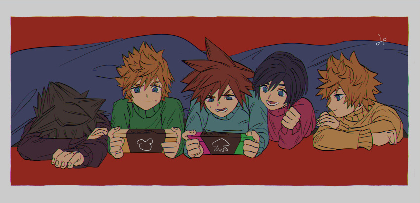 1girl, 4boys, black_hair, blue_eyes, blue_sweater, brown_hair, brown_sweater, commentary_request, head_down, highres, kingdom_hearts, multiple_boys, purple_sweater, raised_eyebrow, roxas, sashimi_umasugi, short_hair, signature, sora_(kingdom_hearts), spiky_hair, sweatdrop, sweater, turtleneck, turtleneck_sweater, vanitas_(kingdom_hearts), ventus_(kingdom_hearts), xion_(kingdom_hearts)