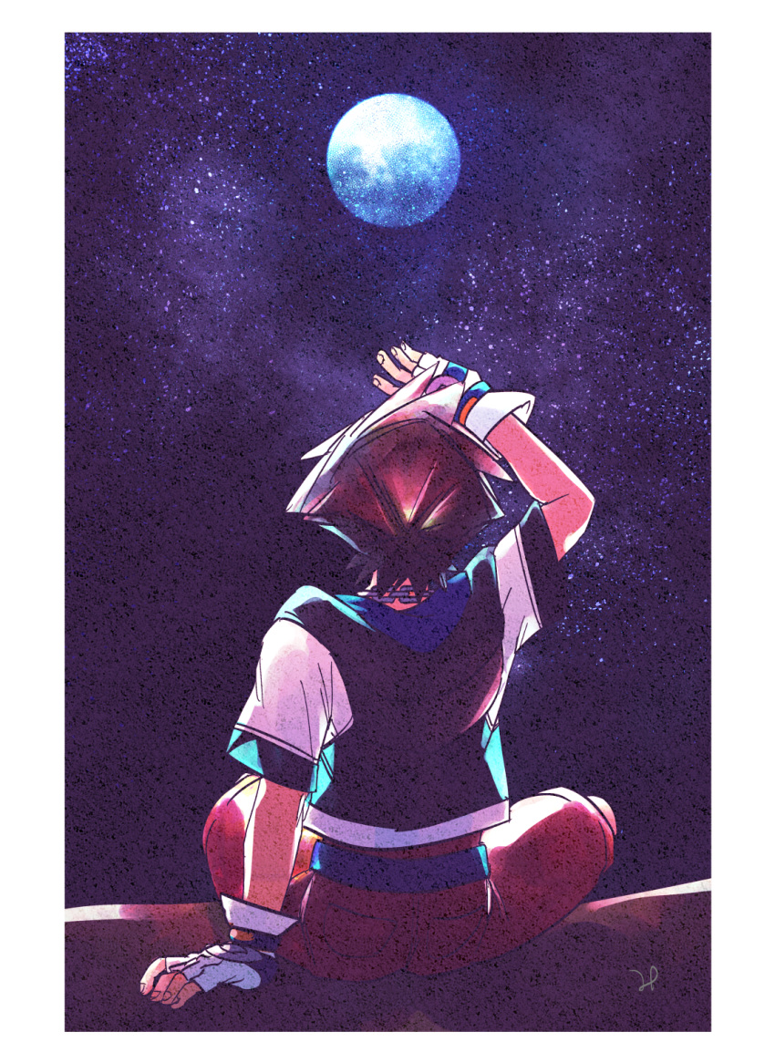 1boy, brown_hair, commentary_request, film_grain, fingerless_gloves, from_behind, full_moon, gloves
