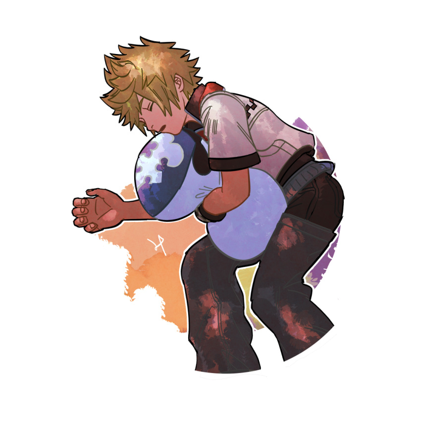 1boy, blonde_hair, closed_eyes, commentary_request, holding, jacket, kingdom_hearts, kingdom_hearts_ii