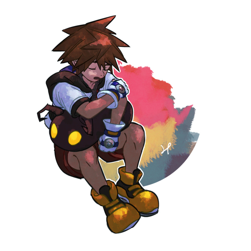 1boy, 1other, brown_hair, closed_eyes, commentary_request, fingerless_gloves, gloves, heartless_(kingdom_hearts)