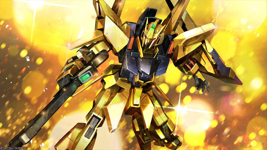 absurdres, beam_rifle, copyright_notice, delta_gundam, energy_gun, explosion, glint, glowing