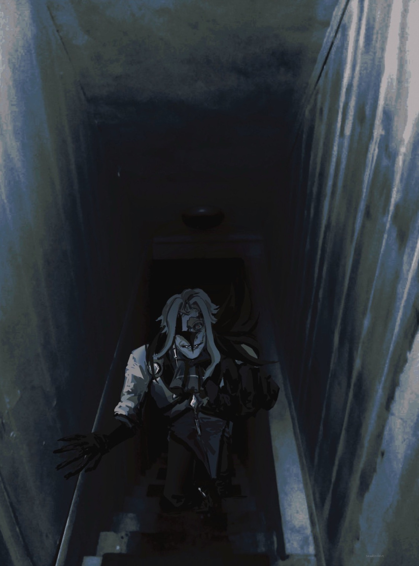 1boy, analog_horror, broken_mask, coat, dark_background, dottore_(genshin_impact), genshin_impact, hand_on_wall, highres, horror_(theme), long_coat, long_fingers, mask, no_i'm_not_a_human, on_stairs, one_eye_covered, outstretched_hand, reaching, reaching_towards_viewer, red_eyes, shadow, smile, snekoden, white_hair