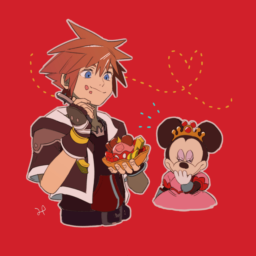 1boy, 1girl, black_gloves, black_jacket, blue_eyes, bowl, brown_hair, chain
