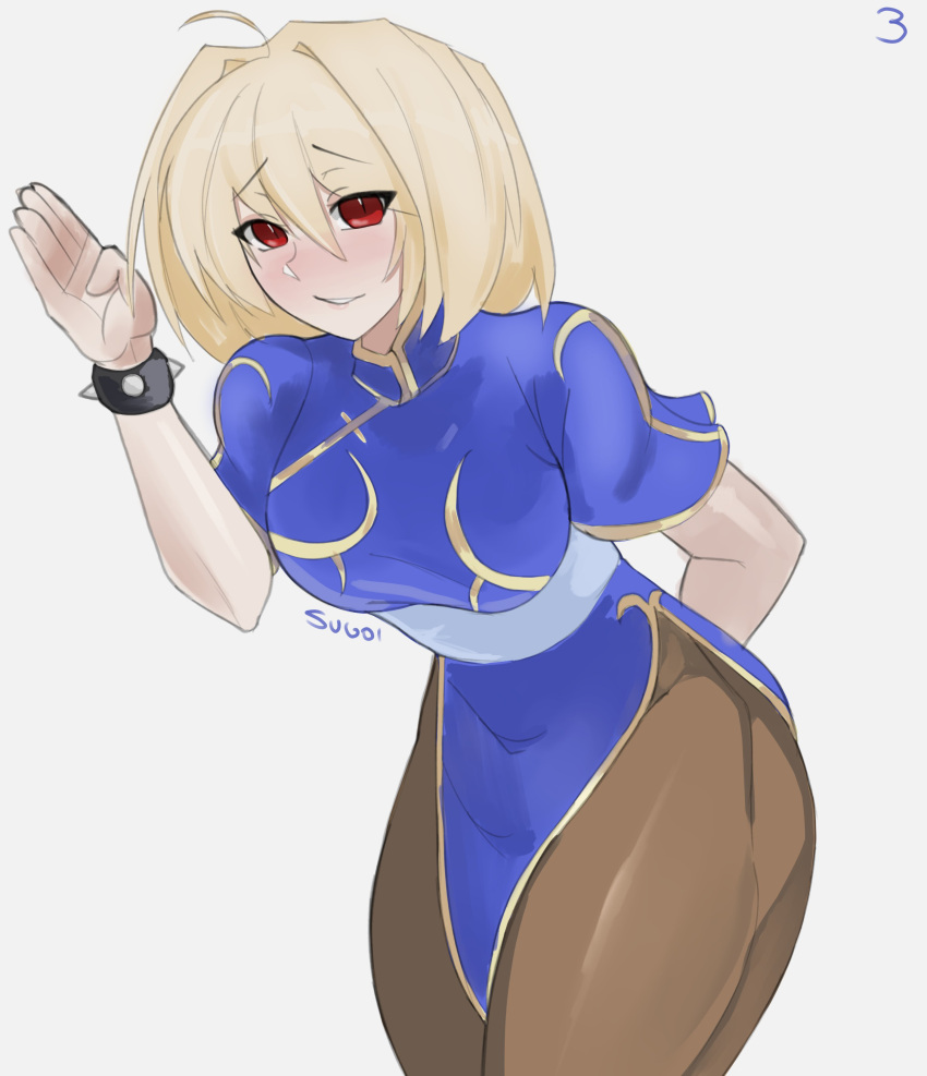 1girl, absurdres, arcueid_brunestud, arm_behind_back, blue_dress, blush, bracelet, breasts