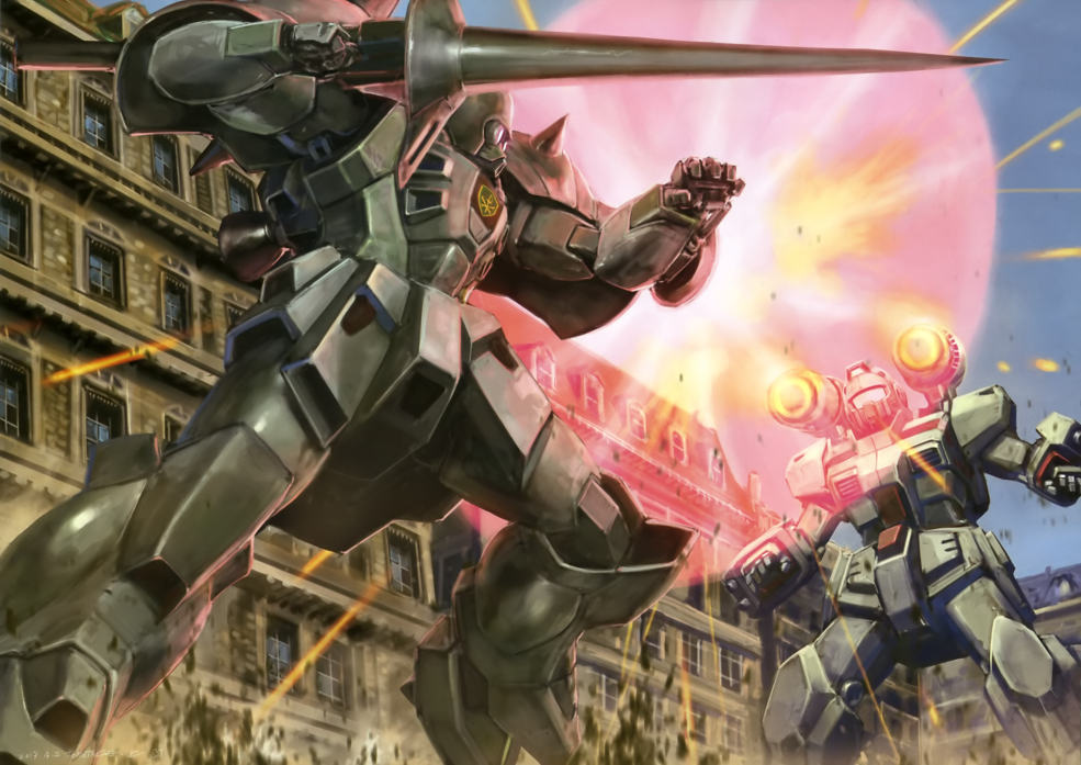 battle, beam_shield, building, crossbone_vanguard, damaged, debris, den'an_zon, emblem