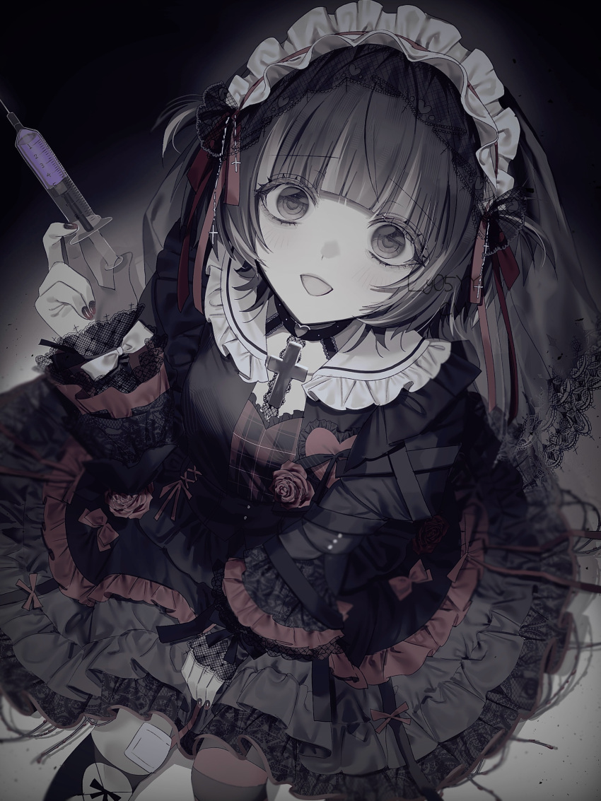 1girl, absurdres, asymmetrical_legwear, black_dress, black_eyes, black_hair, black_veil, dress